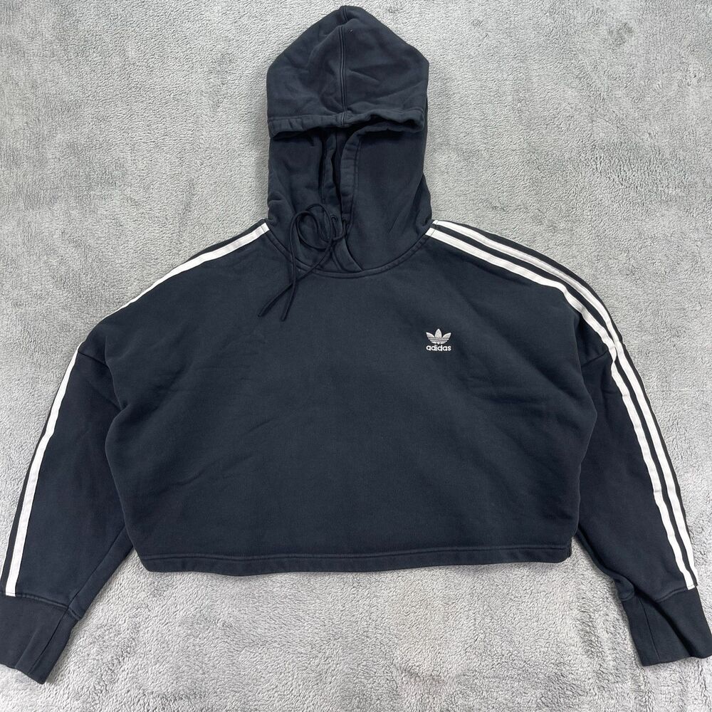 Adidas Cropped Hoodie Womens Small Black 3 Stripe Terry Skateboarding